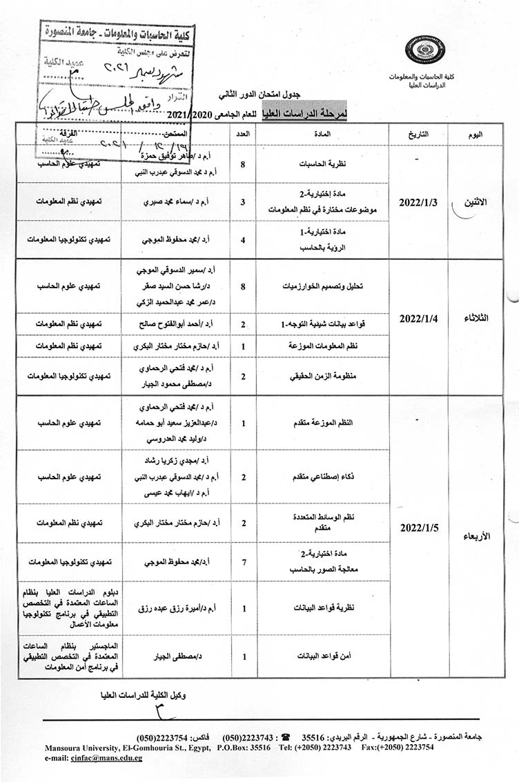 Postgraduate exams schedule 